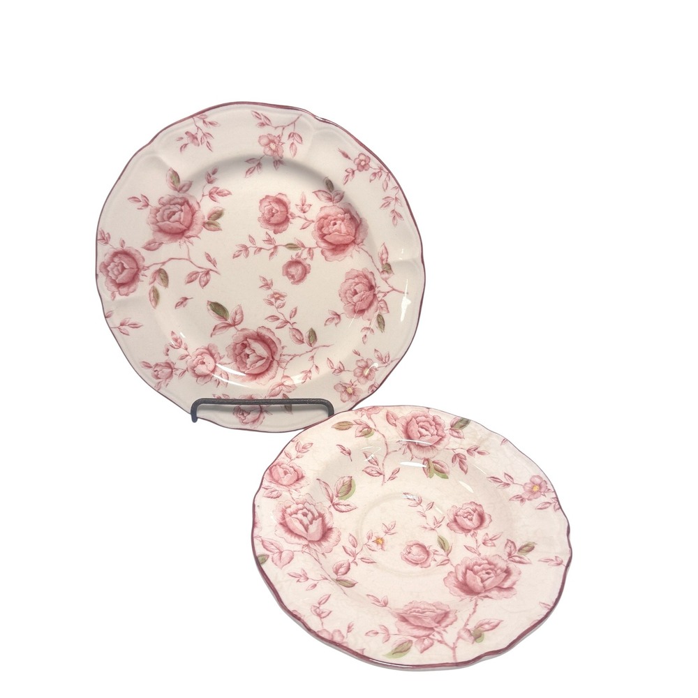 Table Mates Homestead Collection Pink Rose Floral Scalloped Plates Saucer & 7"